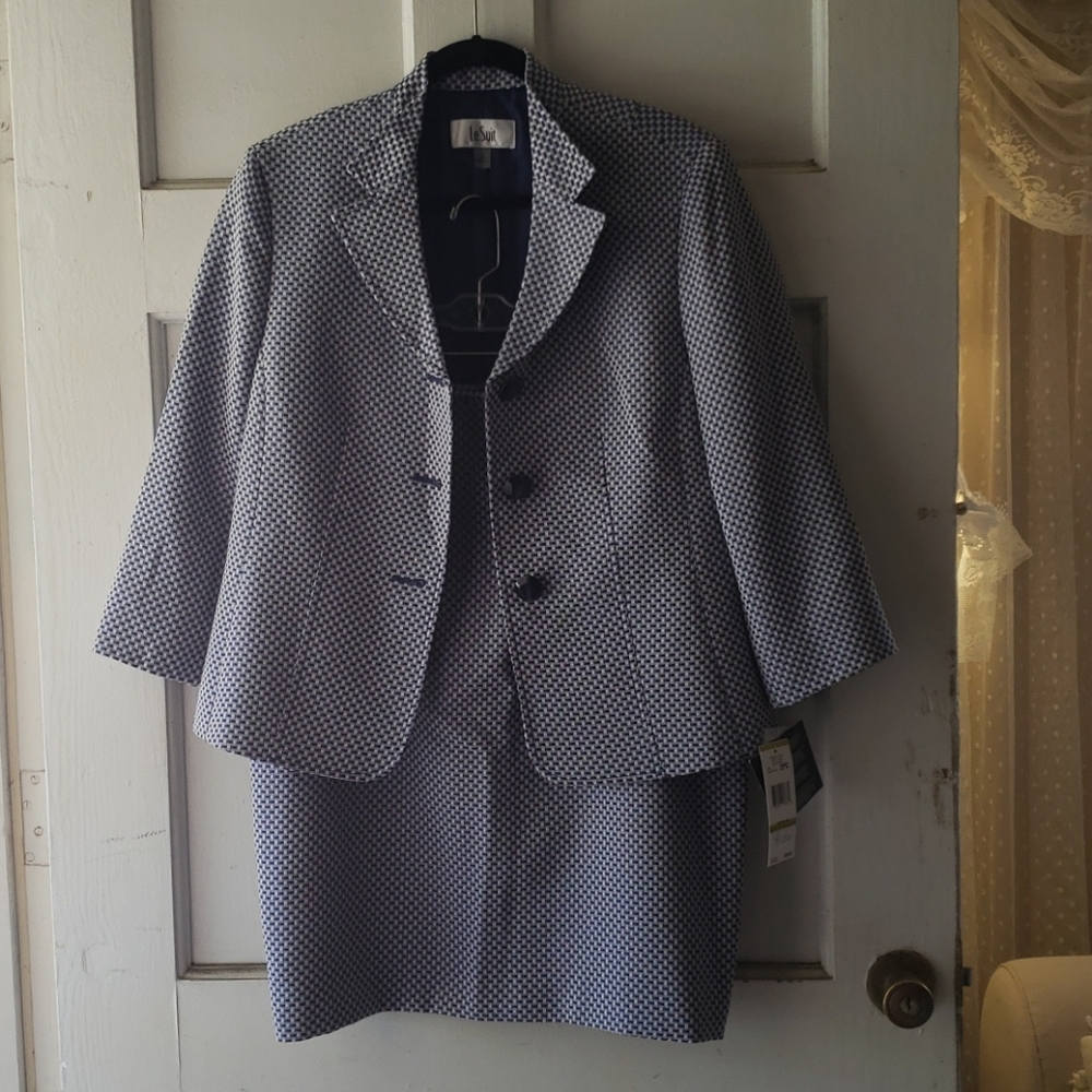 Le Suit Pencil Skirt Set 3/4 Sleeve Navy White 14